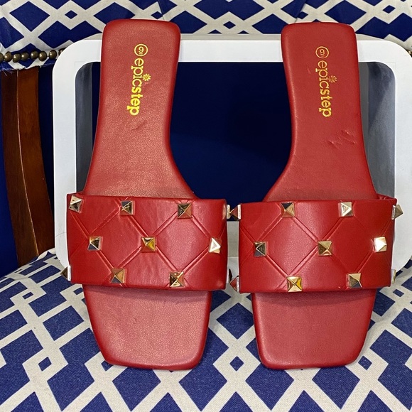 Shoes - Red and gold studded flat studded slide sandals